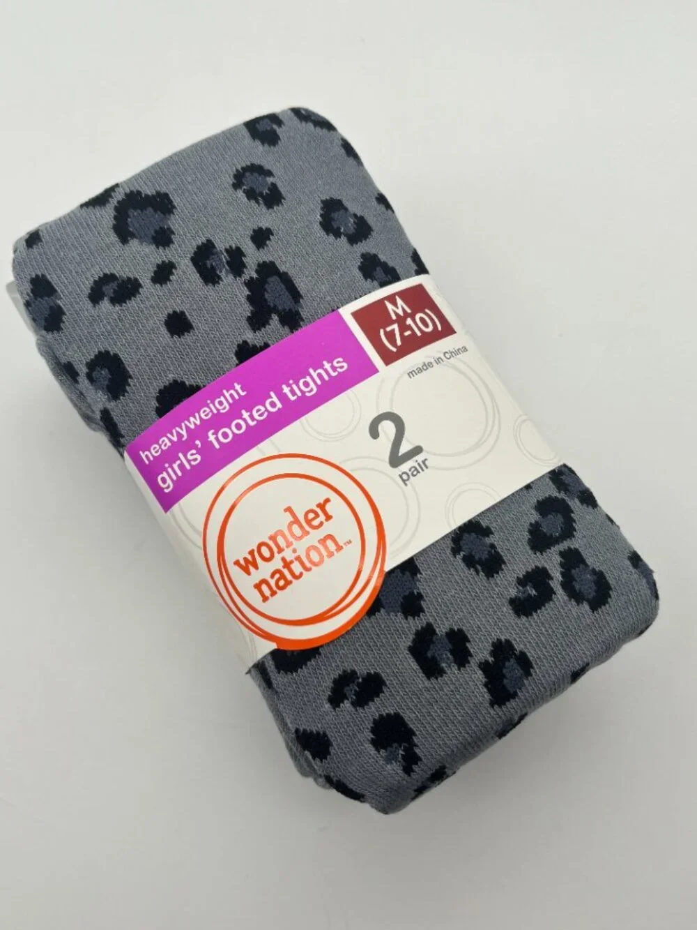 Wonder Nation Girls 2pk Heavyweight Footed Tights, Leopard Grey/Black Size M NEW